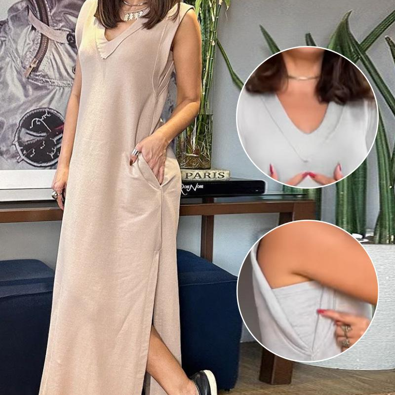 ✨Super Slim Fit ✨Damen ärmelloses Maxikleid mit V-Ausschnitt und Schlitz