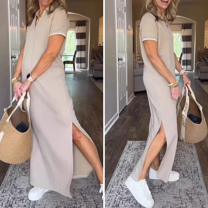 Damenkleid im Blusen-Schnitt | Langer Maxi-Länge mit Seitenschlitzen & leicht schwingender Saum