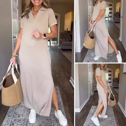 Damenkleid im Blusen-Schnitt | Langer Maxi-Länge mit Seitenschlitzen & leicht schwingender Saum