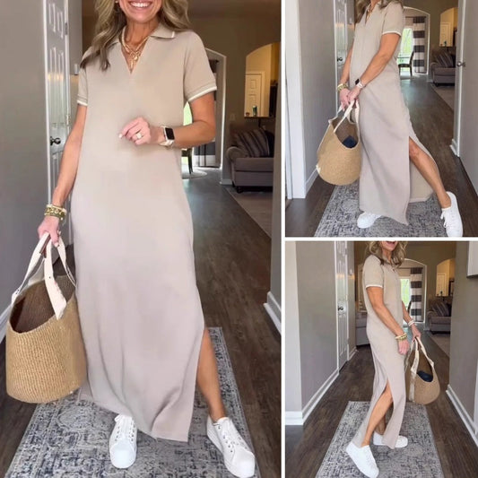 Damenkleid im Blusen-Schnitt | Langer Maxi-Länge mit Seitenschlitzen & leicht schwingender Saum