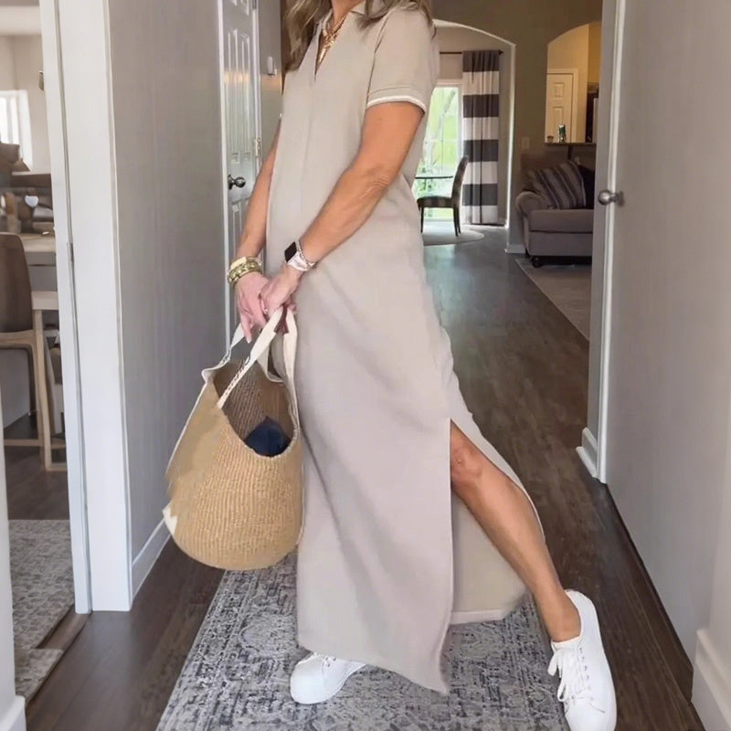 Damenkleid im Blusen-Schnitt | Langer Maxi-Länge mit Seitenschlitzen & leicht schwingender Saum