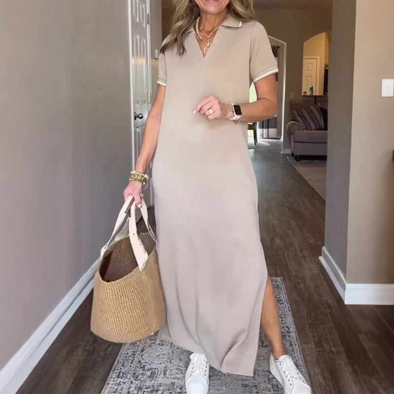Damenkleid im Blusen-Schnitt | Langer Maxi-Länge mit Seitenschlitzen & leicht schwingender Saum