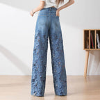 🌸 50% Rabatt auf neue Produkte 💖Damen blaue hochtaillierte Jeans mit weitem Bein, Lochmuster und Spitzeneinsätzen
