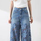🌸 50% Rabatt auf neue Produkte 💖Damen blaue hochtaillierte Jeans mit weitem Bein, Lochmuster und Spitzeneinsätzen