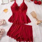 💖Nachtwäsche-Set aus Camisole und Shorts mit V-Ausschnitt und Spitzenbesatz✨