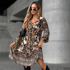 🎃🎄Weihnachtskarneval 🎉 🎉   Elegantes, bedrucktes Kleid mit V-Ausschnitt und langen Ärmeln-Figurschmeichelnd für den Frühlingstee/Date-Abende