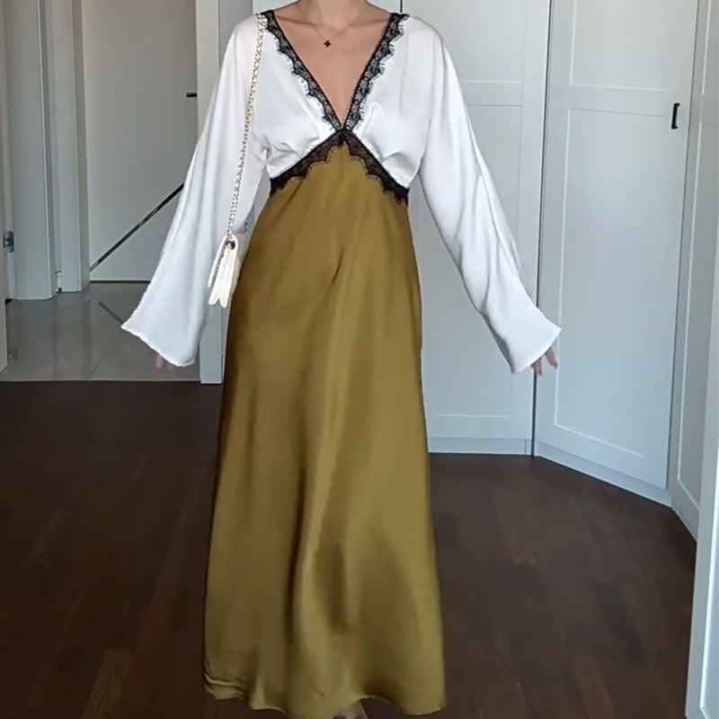 🎅🎁Weihnachtsangebot – 50 % Rabatt⏳Elegantes Damen-Langarmkleid mit Spitze und Patchwork