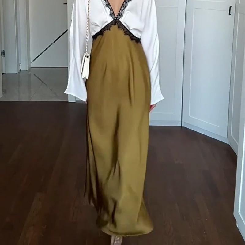 🎅🎁Weihnachtsangebot – 50 % Rabatt⏳Elegantes Damen-Langarmkleid mit Spitze und Patchwork