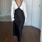 🎅🎁Weihnachtsangebot – 50 % Rabatt⏳Elegantes Damen-Langarmkleid mit Spitze und Patchwork