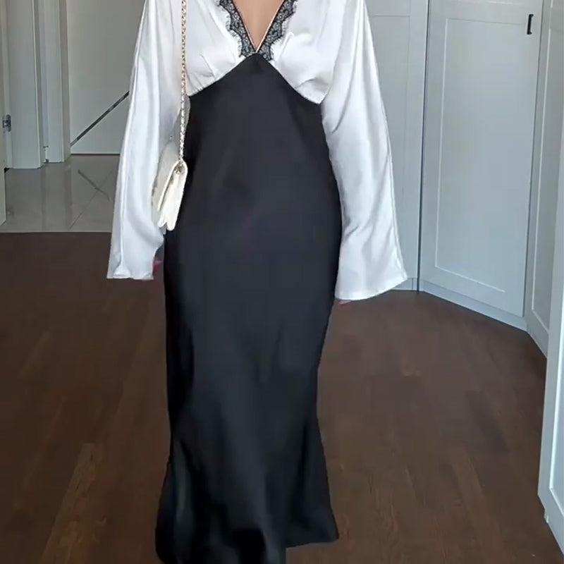 🎅🎁Weihnachtsangebot – 50 % Rabatt⏳Elegantes Damen-Langarmkleid mit Spitze und Patchwork