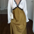 🎅🎁Weihnachtsangebot – 50 % Rabatt⏳Elegantes Damen-Langarmkleid mit Spitze und Patchwork