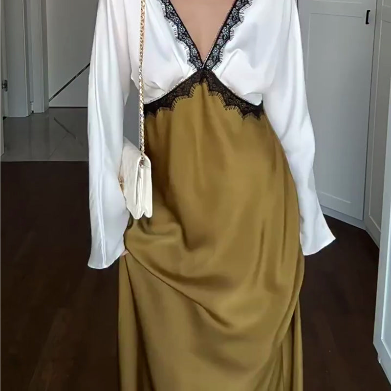 🎅🎁Weihnachtsangebot – 50 % Rabatt⏳Elegantes Damen-Langarmkleid mit Spitze und Patchwork