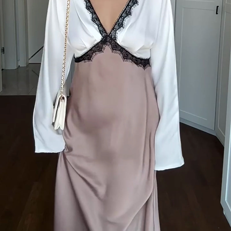 🎅🎁Weihnachtsangebot – 50 % Rabatt⏳Elegantes Damen-Langarmkleid mit Spitze und Patchwork