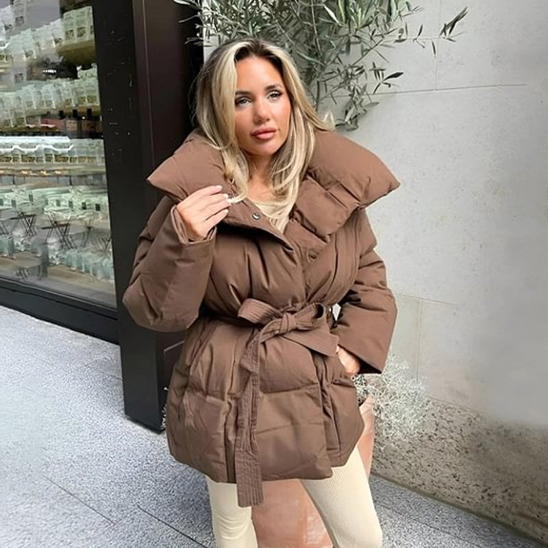 🎅🎁Weihnachtsangebot – 50 % Rabatt⏳Stylische einfarbige Pufferjacke mit Gürtel für Damen