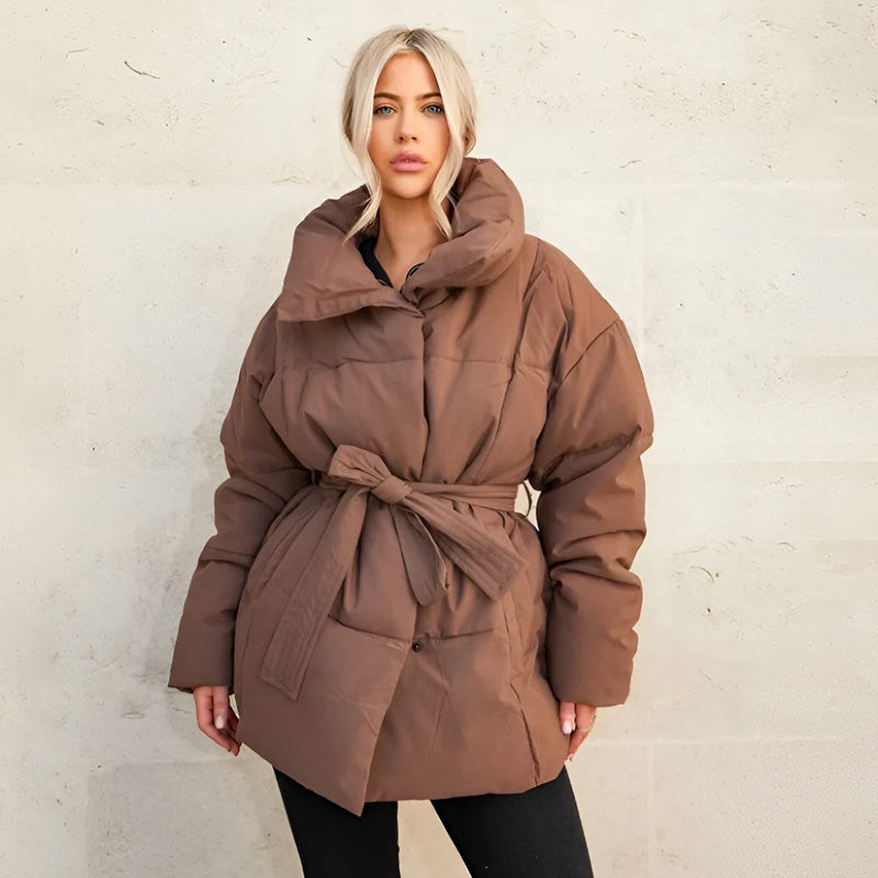 🎅🎁Weihnachtsangebot – 50 % Rabatt⏳Stylische einfarbige Pufferjacke mit Gürtel für Damen