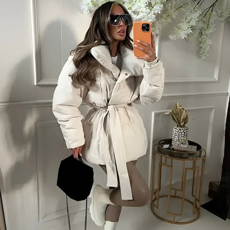 🎅🎁Weihnachtsangebot – 50 % Rabatt⏳Stylische einfarbige Pufferjacke mit Gürtel für Damen