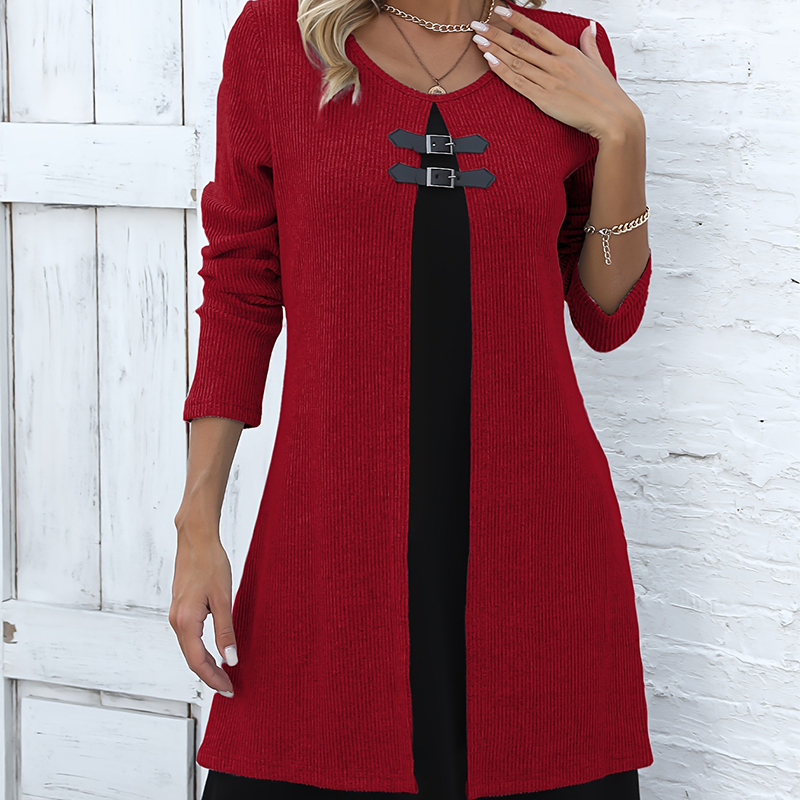 💃🌸Damenkleid in A-Linie, knielang, mit angedeutetem Zweiteiler-Look