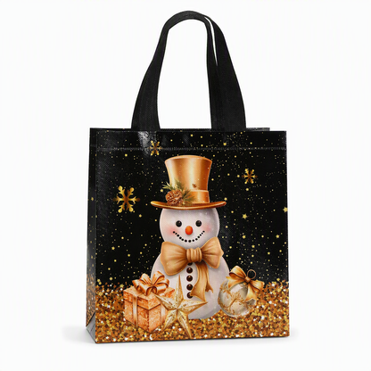 🎄 Black Christmas Non-Woven Gift Tote: 23x22x11cm, Gold Foil Design, Tear-Resistant, Reusable Holiday Bag