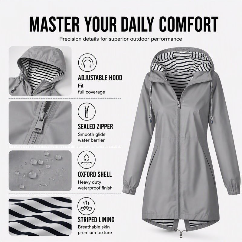 Grey hooded jacket details including hood, zipper, shell and striped lining