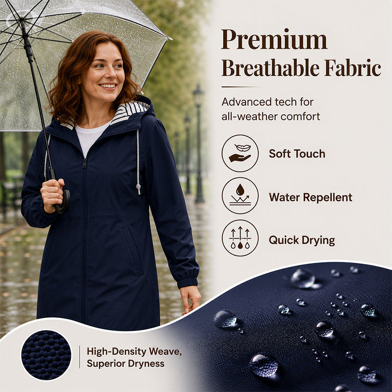 Woman wearing the dark blue water-repellent hooded jacket in light rain
