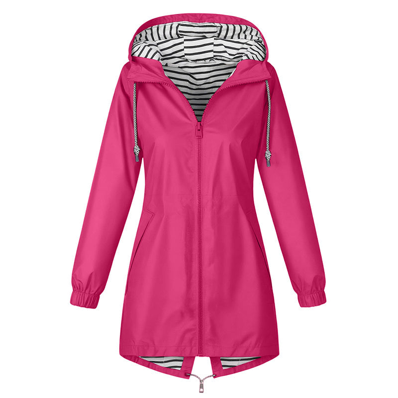 Rose red hooded rain jacket