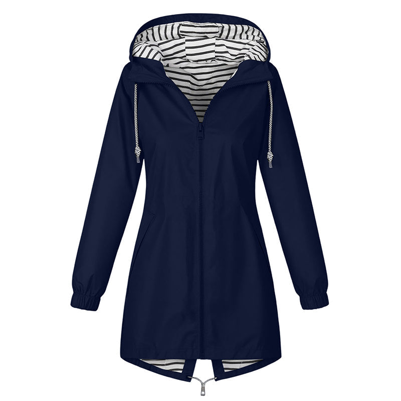 Dark blue hooded rain jacket