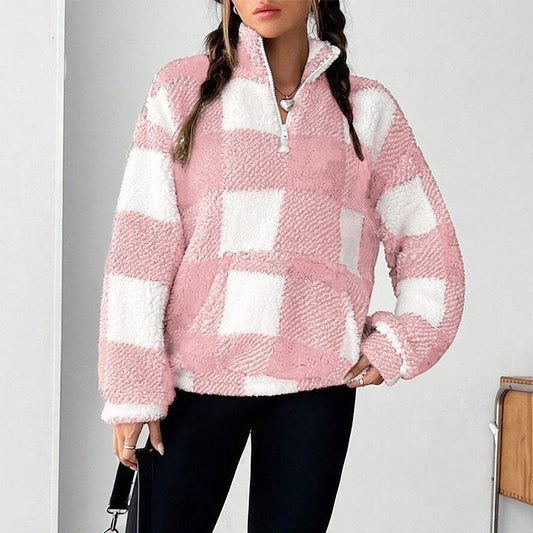 Women's Loose Fit Plaid Patchwork Sherpa Jacket