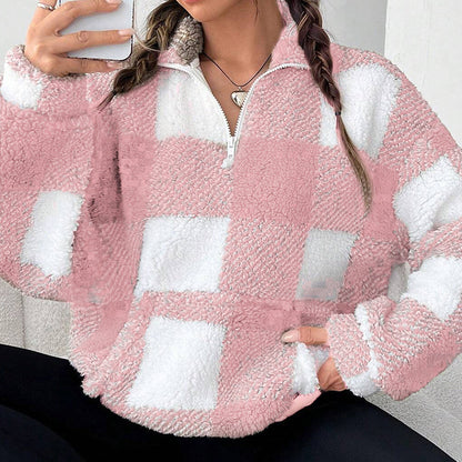 Women's Loose Fit Plaid Patchwork Sherpa Jacket